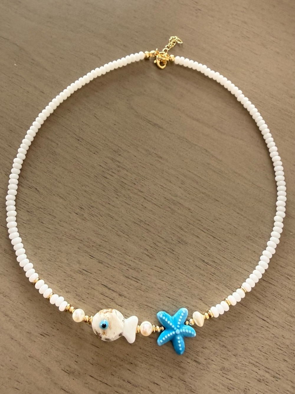 White Beaded Necklace with Blue Starfish Accent - Beach Charm